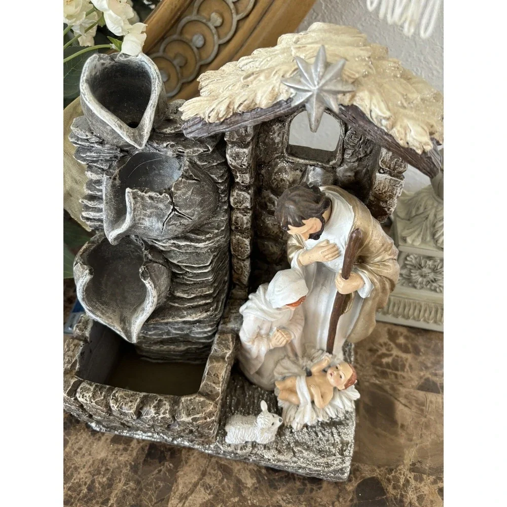 Rare Jesus Mary Joseph Nativity Water Fountain Manger Bethlehem Christian Sheep